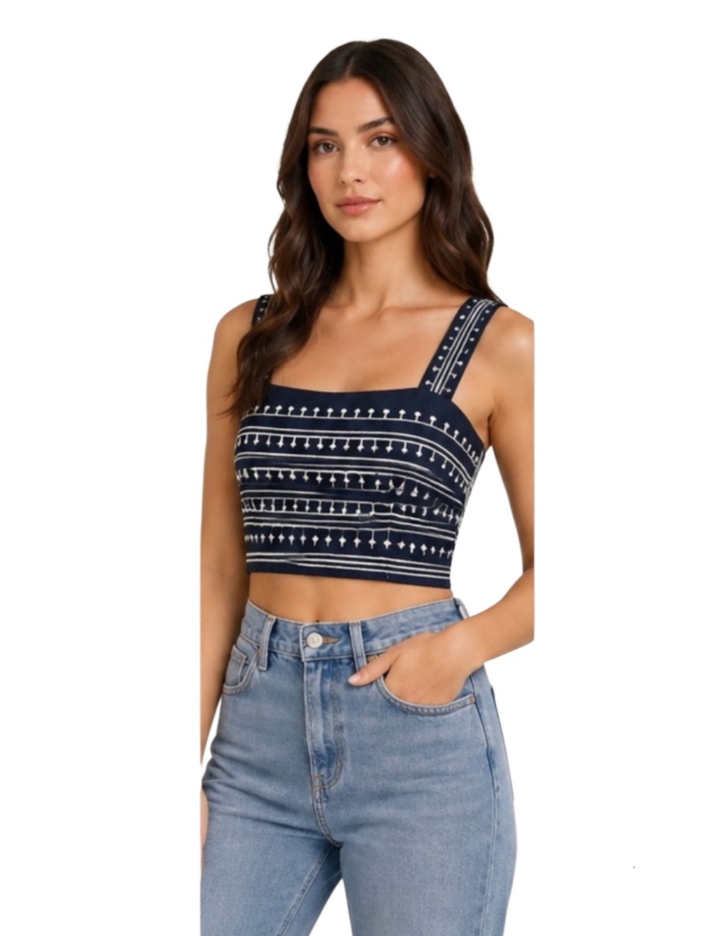 Avec Les Filles  Cotton Embroidered Square-Neck Tank Top iNavy/Cream Size XS NWT
